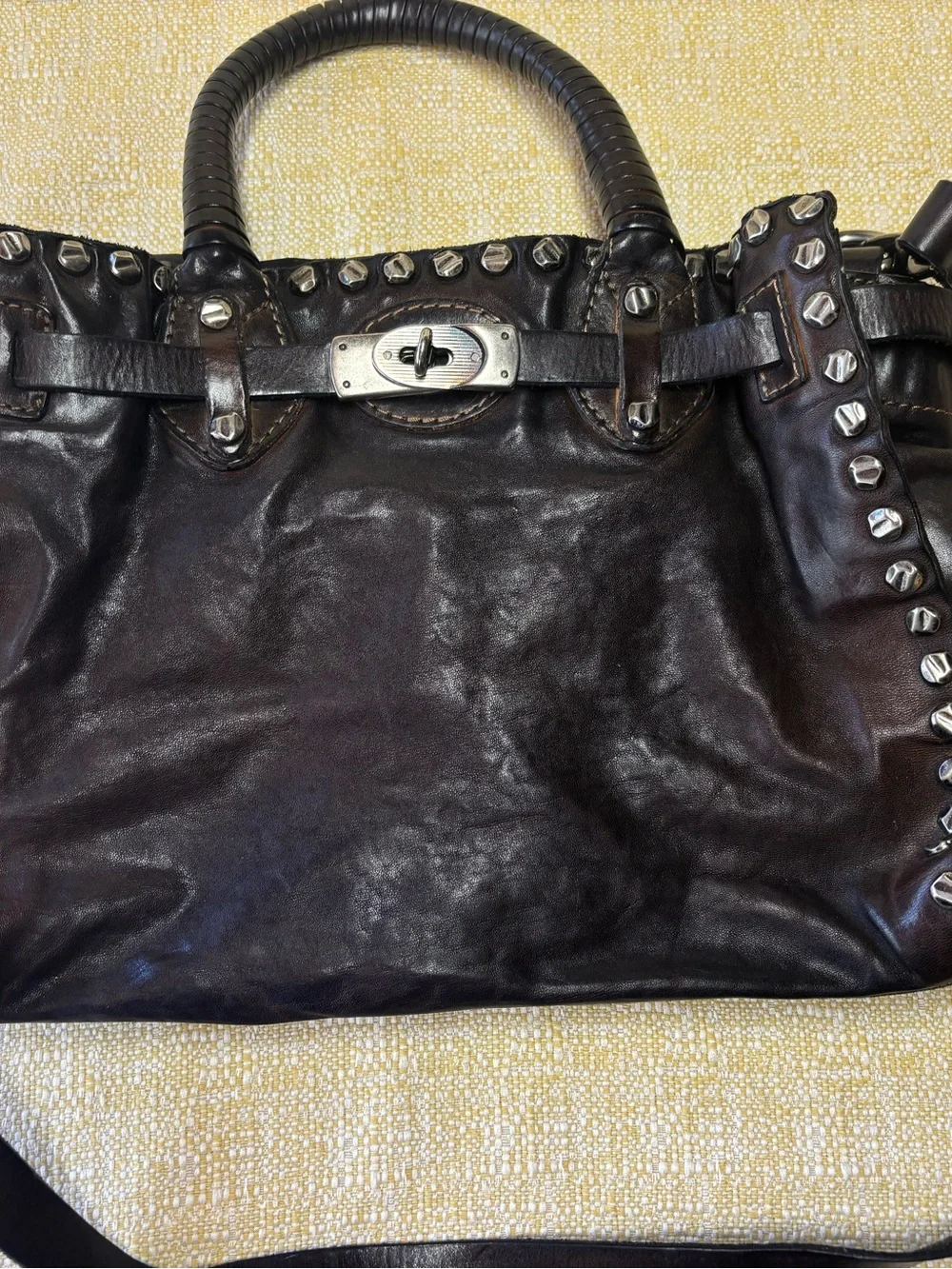 Giorgio Brato Dark Brown Leather Stud-Accent Shoulder Bag with Turn-Lock - Picture 2 of 10